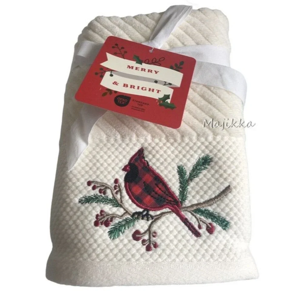 Cardinal Christmas Hand Towels Set of 2 Embroidered Buffalo Plaid Merry Bright